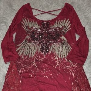 Angels & Diamonds Maroon Winged Graphic Long Sleeve Top